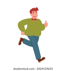 Young happy man running and gesturing thumbs up, male character vector Illustration
