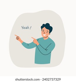Young happy man show Yeah positive gesture, approval gesturing. Vector flat style cartoon  illustration.