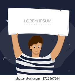 Young happy man with a sign in his hands raised above his head. Banner template for informing people and children. Concept of drawing attention to the information on the poster. Vector illustration.