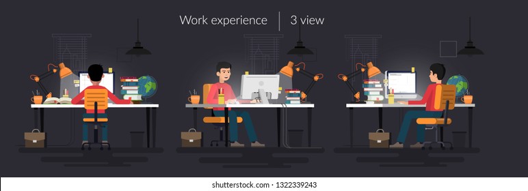 Young happy man sitting at the desk and working at the computer, looking at screen, rear and front view, comfortable workspace, effective employee, organized manager. Vector illustration. 