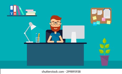 Young happy man sitting at desk in office. Flat illustration. Vector stock.