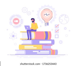 Young happy man sitting on pile of books and using his laptop. E-learning, webinar, online video training, distance education concept. Modern vector illustration.