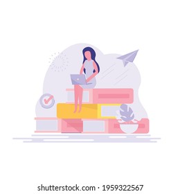 Young happy man sitting on a stack of books and using his laptop. E-learning, webinar, online video training, distance learning concept. Modern vector illustration.
