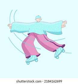 Young happy man skating. Vector flat illustration. Teen active lifestyle. rollerblading guy. Hipster fast ride on roller skates. Street transport for teenagers