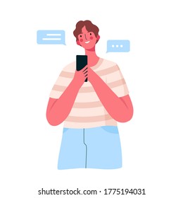 Young happy man with smartphone chatting with friends,family,girlfriend. Male with mobile phone Browsing Internet, Blogging. Social networks. Internet communication.Cartoon flat vector illustration