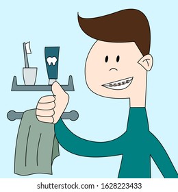 Young happy man smiling with braces on teeth. Cheerful man showing his smile with dental braces. Dentistry. Toothbrush and toothpaste. Brushing teeth concept. Dental care. Vector illustration.  