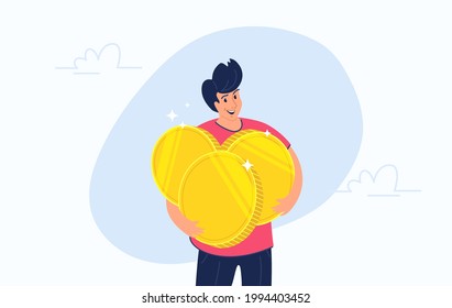 Young happy man standing alone and hugging heavy three golden coins. Flat vector illustration of people who invest money, take profit on growing markets and became rich. Isolated on white background