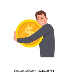 Joven hombre feliz parado solo y abrazando pesadas tres monedas de oro. Ilustración vectorial plana de las personas que invierten dinero, obtienen ganancias en los mercados en crecimiento y se hacen ricos. Ilustración vectorial plana