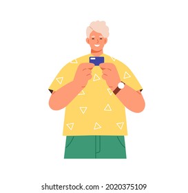 Young happy man standing with new plastic debit or credit card in hands. Portrait of smiling bank client. Modern person with cashless finance. Flat vector illustration isolated on white background