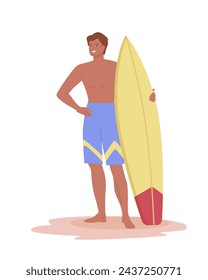 Joven feliz de pie en la arena y sosteniendo la tabla de surf. Carácter masculino activo en la recreación del verano, pasatiempo del ocio del mar. Ilustraciones vectoriales planas sobre fondo blanco