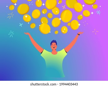 Young happy man standing under golden coins fall for his budget. Vector illustration of people who invest money, take profit on growing markets and became rich. Isolated on bright gradient background