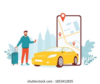 Young happy man stands with a suitcase and a mobile phone. Concept for a car sharing application, fast online taxi search, car rental for travel and city trips. Isolated vector illustration.
