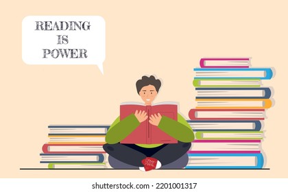 Young happy man, student reading books at the library, reading is power concept, flat vector illustration