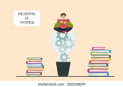 Young happy man, student reading books at the library, reading is power concept, flat vector illustration