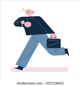 Young happy man in suit hurrying up to office looking at handwatch
