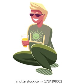 Young happy man with sunglasses sitting on the floor with glass in his hand. Man with blond hair smile. Flat style vector illustration. Male in casual clothes isolated on white background.  Optimist.