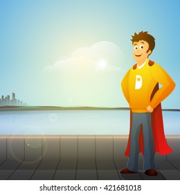 Young happy man in super hero costume on beautiful nature view background for Happy Father's Day celebration.
