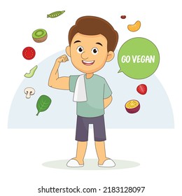 Young happy man with supports vegan food and smiles