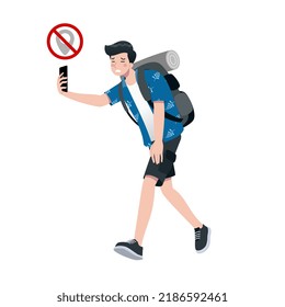 Young happy man tourist flat cartoon character. Traveling male people on summer vacation trip, Isolated on white background.