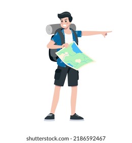 Joven hombre feliz, turista, personaje de caricatura plana. Viajando hombres en viaje de vacaciones de verano, aislados de fondo blanco.