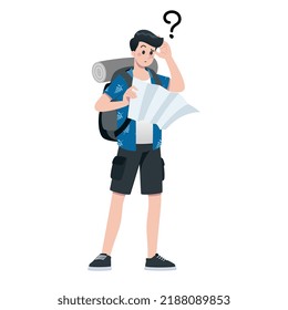 Young happy man tourist flat cartoon character. Traveling male people on summer vacation trip, Isolated on white background.