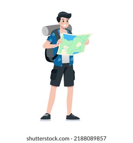 Young happy man tourist flat cartoon character. Traveling male people on summer vacation trip, Isolated on white background.