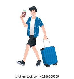 Young happy man tourist flat cartoon character. Traveling male people on summer vacation trip, Isolated on white background.