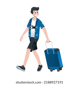 Young happy man tourist flat cartoon character. Traveling male people on summer vacation trip, Isolated on white background.