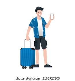 Young happy man tourist flat cartoon character. Traveling male people on summer vacation trip, Isolated on white background.