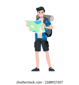 Young happy man tourist flat cartoon character. Traveling male people on summer vacation trip, Isolated on white background.