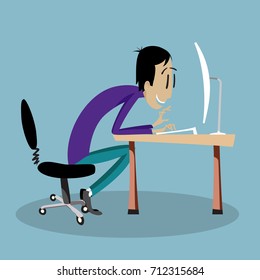 Young happy man typing on keyboard and looking at monitor