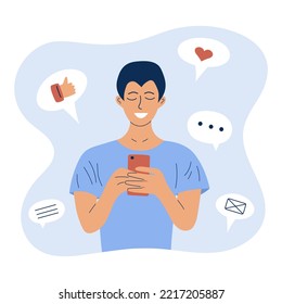 Joven hombre feliz usando un smartphone y charlando. Comunicación, móvil, conversación, concepto de redes sociales. Persona y gadget. La influencia y adicción de los medios sociales.
