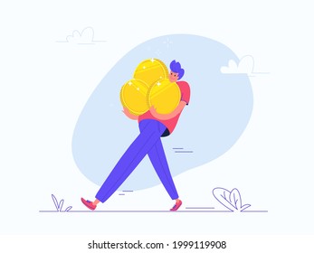 Young happy man walking alone and carrying heavy three golden coins. Flat vector illustration of people who invest money, take profit on growing markets and became rich. Isolated on white background