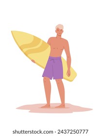 Young happy man walking on sand and holding surfboard. Active male character on summer recreation, sea leisure hobby. Flat vector illustrations on white background