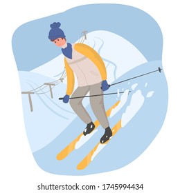 Young happy man in winter outwear skiing on snow vector flat cartoon illustration. The male character at ski resort, winter activities, winter landscape.