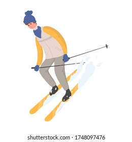 Young happy man in winter outwear skiing on snow vector flat cartoon illustration. The male character at ski resort, winter activities.