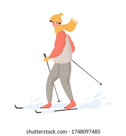 Young happy man in winter outwear skiing on snow vector flat cartoon illustration. The male character at ski resort, winter activities.