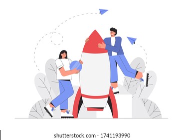 Young happy man and woman building a rocket. Team building concept, start up and strategy. Smiling male and female character create a new project. Vector illustration in flat style.
