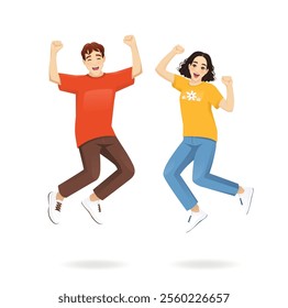 Young happy man and woman in casual style clothes dancing or jumping celebrating. Isolated vector illustration