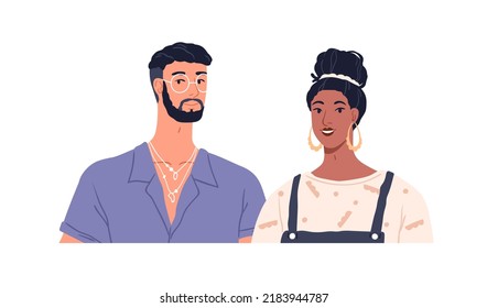 Young happy man and woman of different race together. Biracial love couple. Smiling romantic partners. Interracial boyfriend and girlfriend. Flat vector illustration isolated on white background