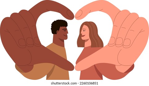 Young happy man and woman of different races in front of each other holding fingers in shape of heart. Vector illustration concept for interracial marriage, modern relationship, multicultural freedom