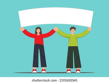 Young happy man and woman holding blank banner, advertisement in his hands, public manifestation concept, flat vector illustration