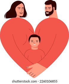 Young happy man, woman and kid in shape of heart. Vector illustration concept for happy loving family, gentle parentship, bringing up children with love, caring relationship, successful marriage