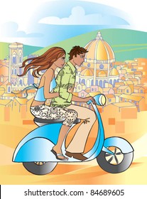 Young happy man and woman riding on moped scooter in Italy