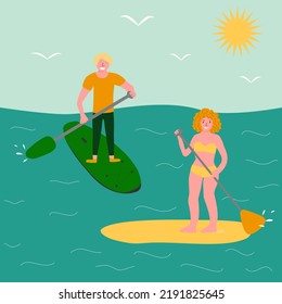 Young happy man and woman standing up on paddle boards, surfing in ocean or sea, vector