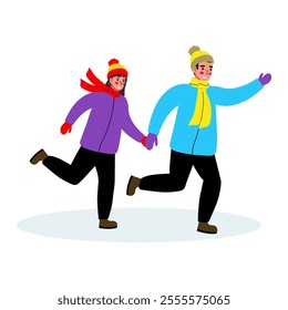 Young happy man and woman in winter clothes. A young couple enjoys winter. Vector illustration on a white background. Flat.