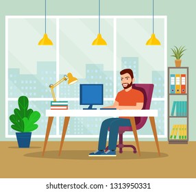 Young happy man working at his office. Vector flat style illustration
