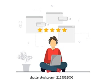 Young happy man working with laptop rating the web site, writing customer reviews, star rating concept, leaving feedback and comments, flat vector illustration