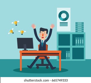 Young, happy man working in office at computer. Successful businessman making money