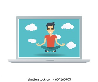 Young happy man in zen meditation pose on laptop screen